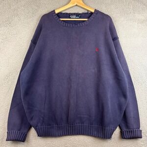 VTG Polo Ralph Lauren Mens 3X Big Blue Distressed Cotton Knit Crewneck Sweater